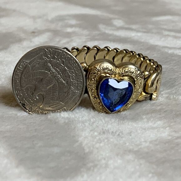 Vintage Co-Star Sweetheart Expansion Bracelet Gold Tone Blue Glass Heart 1940s - Picture 14 of 15